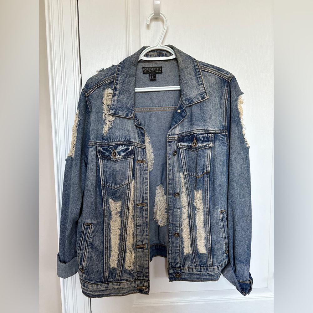 Forever 21 Light Blue Ripped Denim Jacket